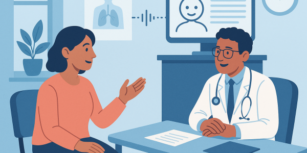 Cartoon graphic doctor and patient talking